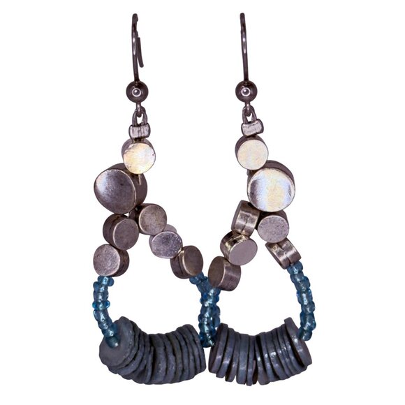 Vintage 1990s Chico’s Silver Teardrop Blue Beaded Dangle Earrings Mixed Metal - Picture 7 of 9